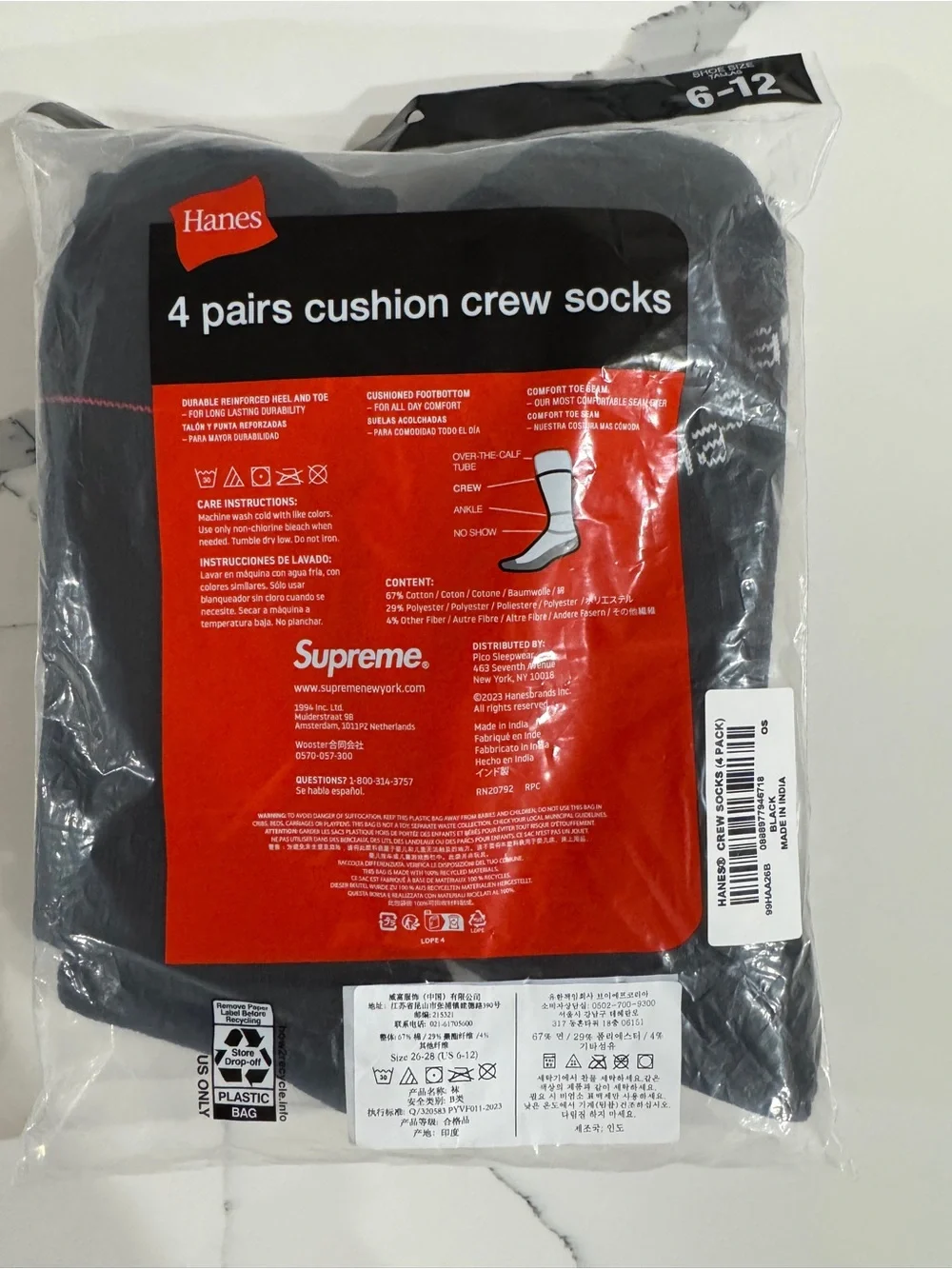 Hanes Black & Red Logo Cushion Crew Socks - 4 Pack